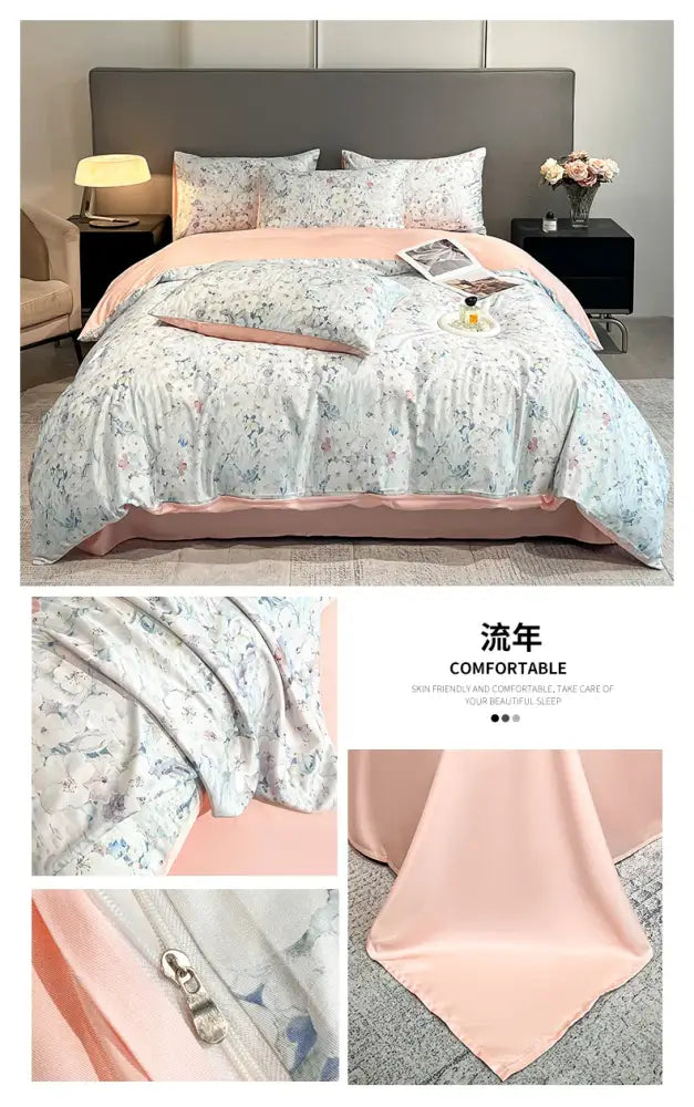 DecorBites™ Summer Floral Satin Silk Duvet Cover Set