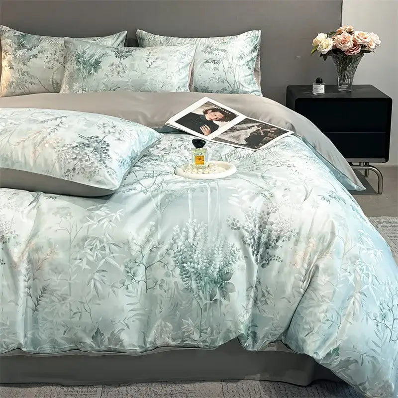 DecorBites™ Summer Floral Satin Silk Duvet Cover Set