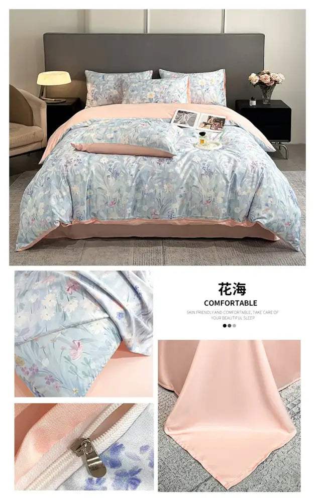 DecorBites™ Summer Floral Satin Silk Duvet Cover Set