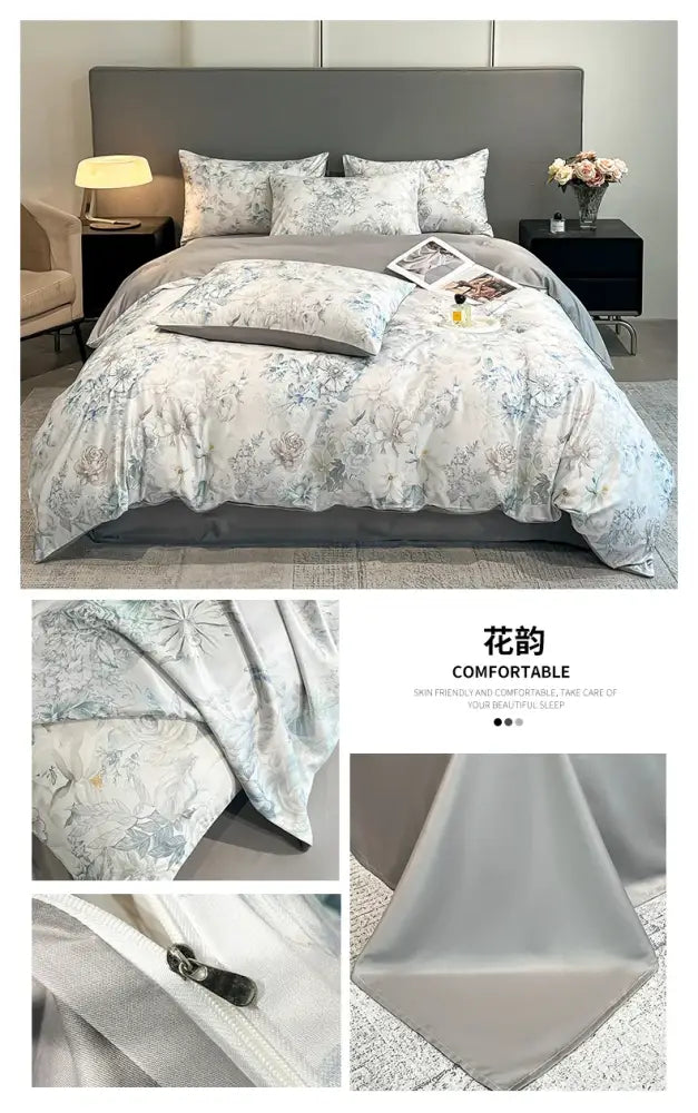 DecorBites™ Summer Floral Satin Silk Duvet Cover Set