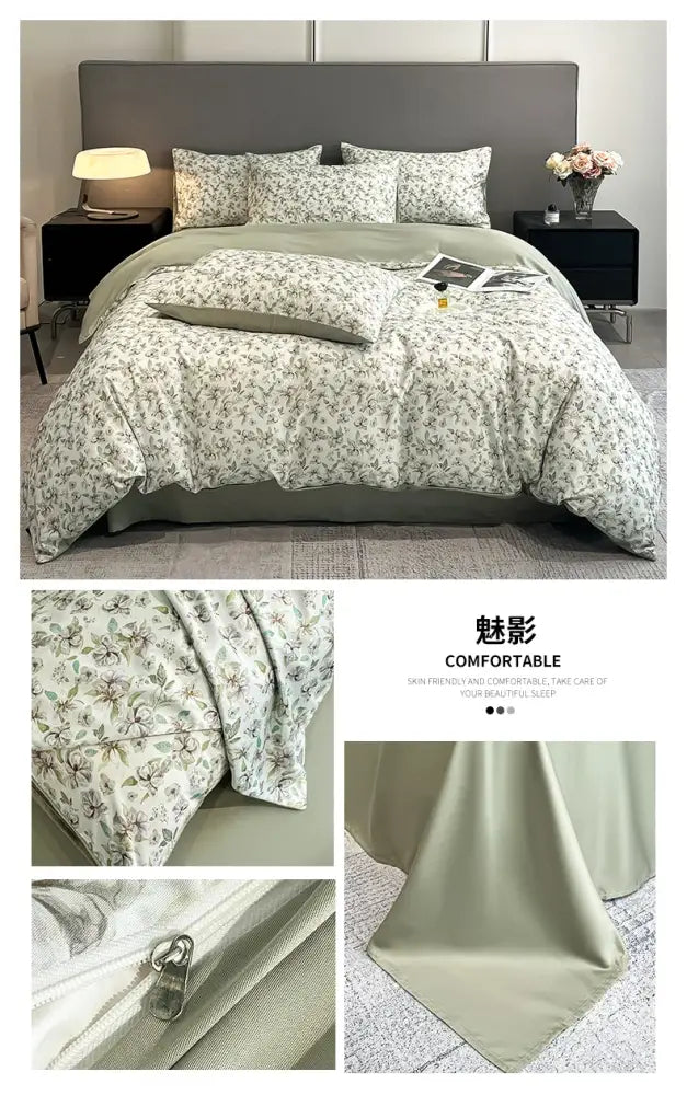 DecorBites™ Summer Floral Satin Silk Duvet Cover Set
