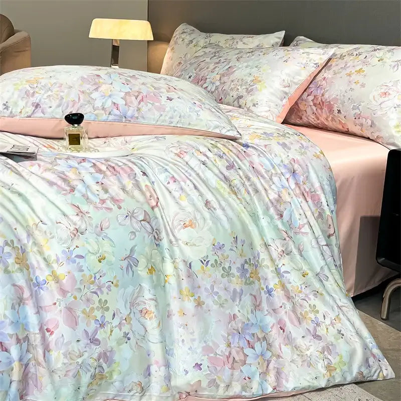 DecorBites™ Summer Floral Satin Silk Duvet Cover Set
