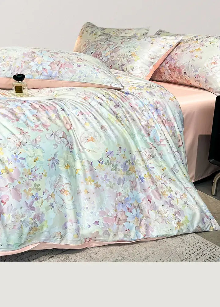 DecorBites™ Summer Floral Satin Silk Duvet Cover Set
