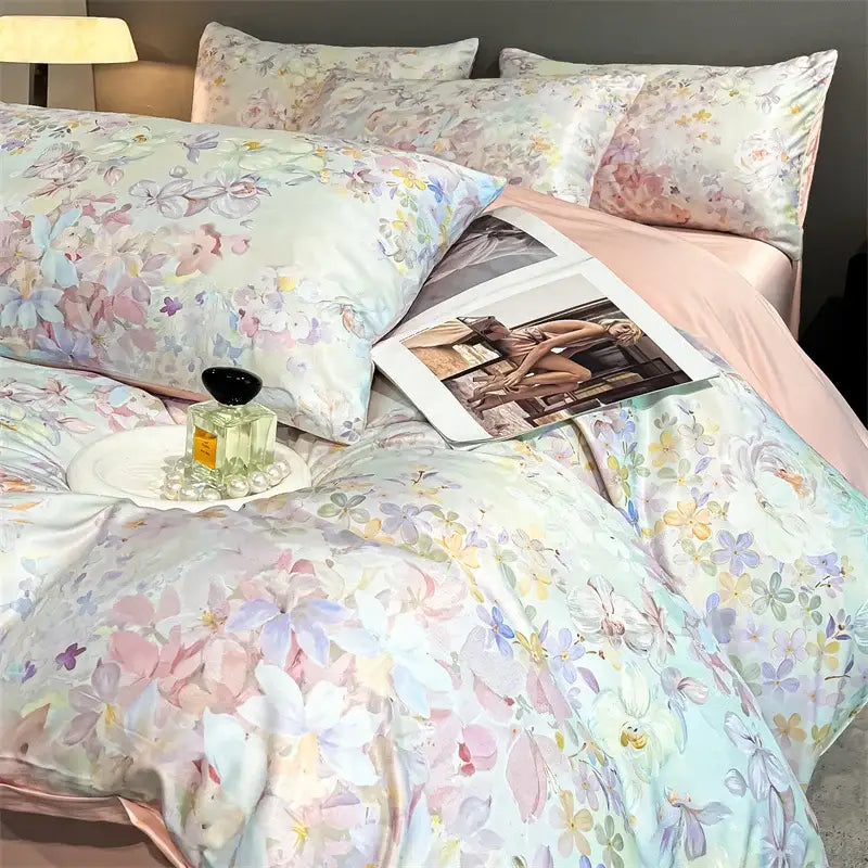 DecorBites™ Summer Floral Satin Silk Duvet Cover Set