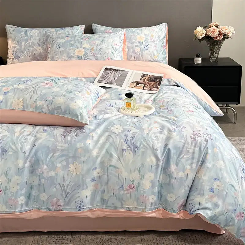 DecorBites™ Summer Floral Satin Silk Duvet Cover Set
