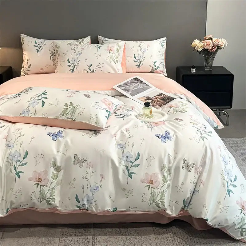 DecorBites™ Summer Floral Satin Silk Duvet Cover Set