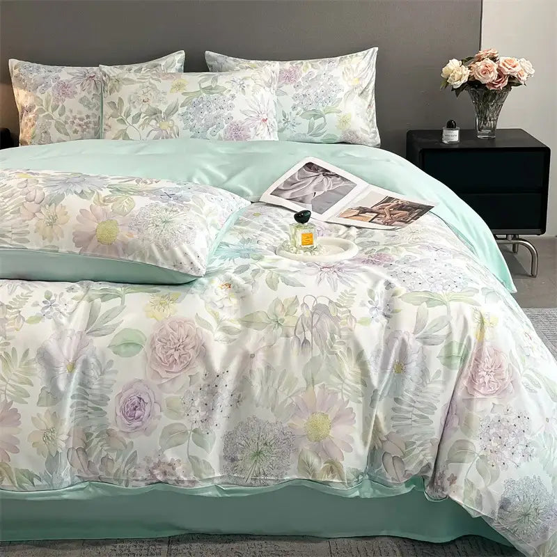 DecorBites™ Summer Floral Satin Silk Duvet Cover Set