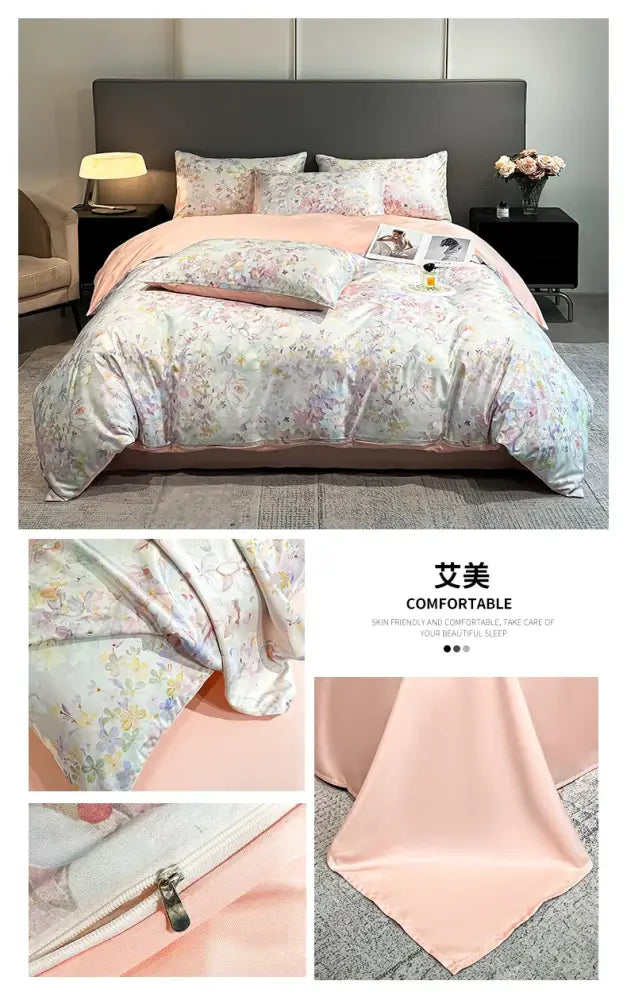 DecorBites™ Summer Floral Satin Silk Duvet Cover Set