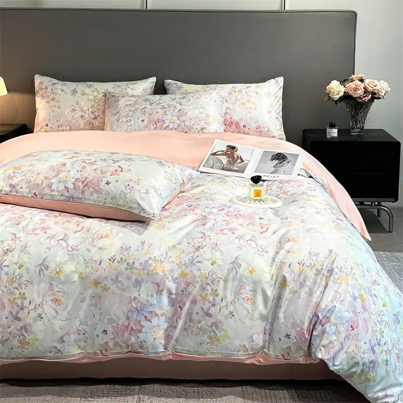 DecorBites™ Summer Floral Satin Silk Duvet Cover Set