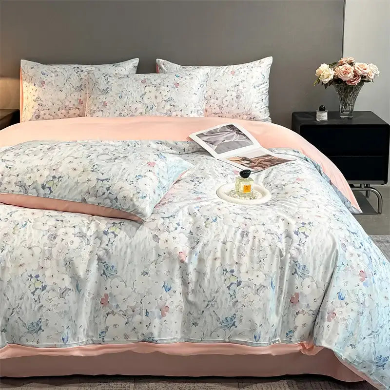 DecorBites™ Summer Floral Satin Silk Duvet Cover Set
