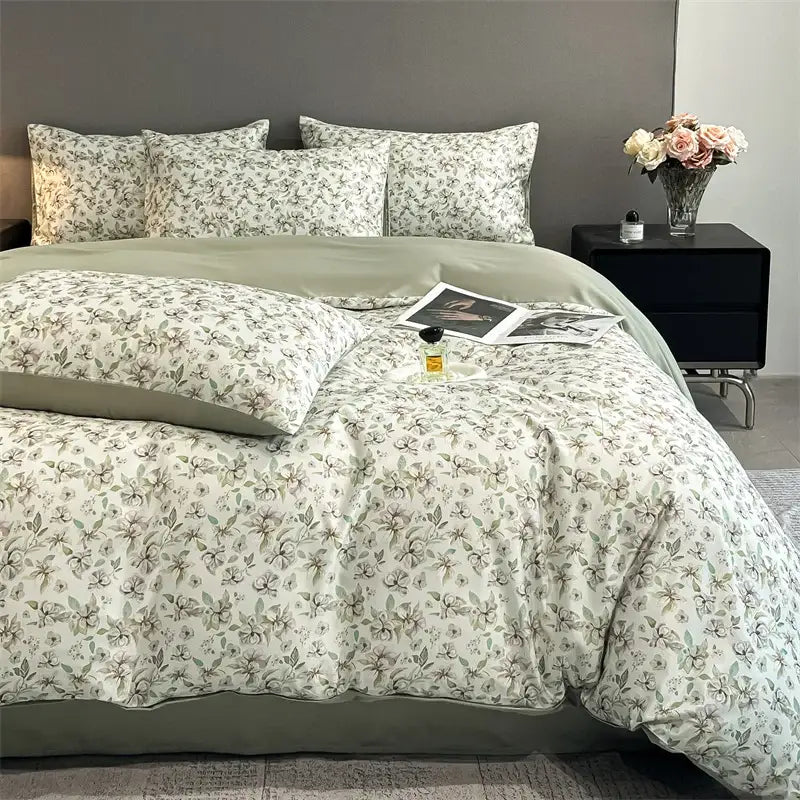 DecorBites™ Summer Floral Satin Silk Duvet Cover Set