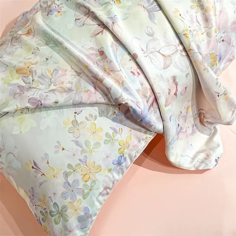 DecorBites™ Summer Floral Satin Silk Duvet Cover Set