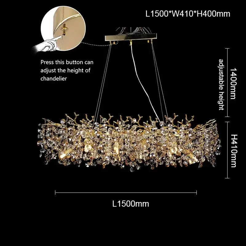 Gold-toned sunflower crystal chandelier with intricate branches and dangling crystals for dining room adjustable height installation