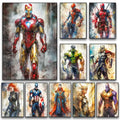 Set of marvel superhero canvas wall art featuring iron man spider-man and others in vibrant watercolor-style artwork