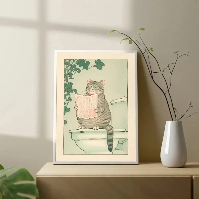 A framed canvas wall art of a gray tabby cat sitting on a toilet reading a newspaper with green ivy decor
