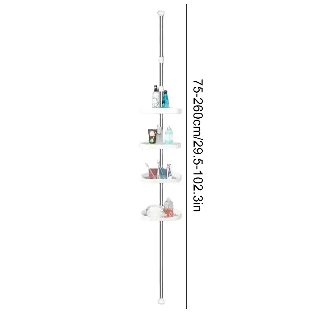 Adjustable chrome-finished decorbites™ telescopic shower rack organizer with four white circular stainless steel shelves