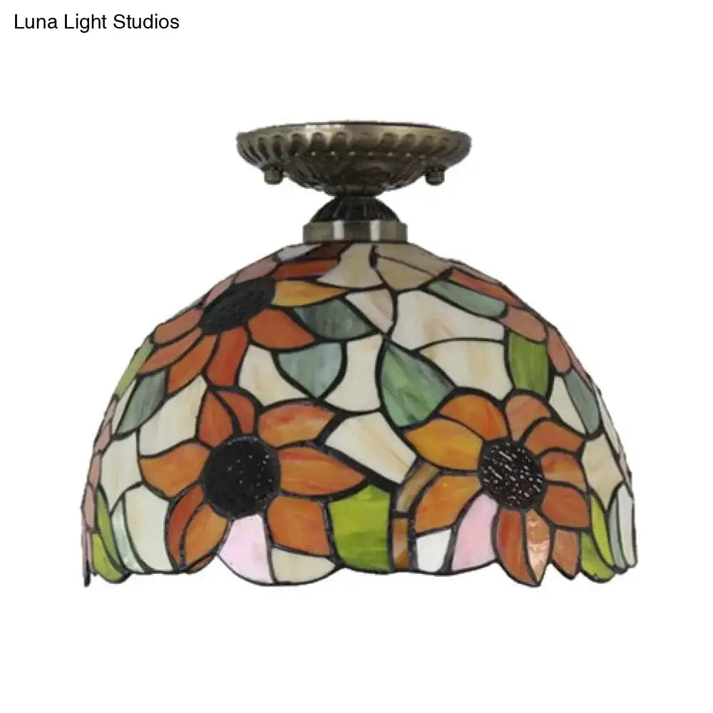 DecorBites™ Tiffany 2-Light Domed Semi Flush Mount Ceiling Light with Sunflower Pattern in Brass/Bronze - Bedroom Lighting