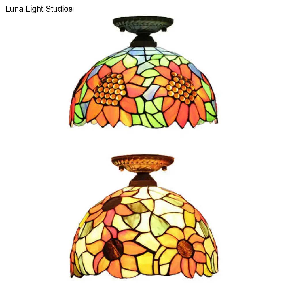 DecorBites™ Tiffany 2-Light Domed Semi Flush Mount Ceiling Light with Sunflower Pattern in Brass/Bronze - Bedroom Lighting