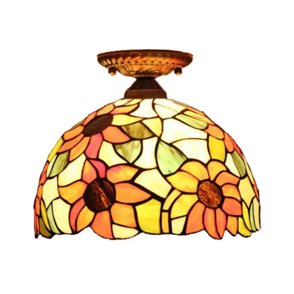 DecorBites™ Tiffany 2-Light Domed Semi Flush Mount Ceiling Light with Sunflower Pattern in Brass/Bronze - Bedroom Lighting