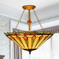 DecorBites semi flush mount ceiling light with stained glass shade in amber geometric patterns and golden metal frame