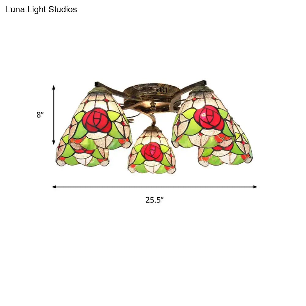 DecorBites tiffany stained glass ceiling light with three rose-patterned shades in antique bronze for bedroom use