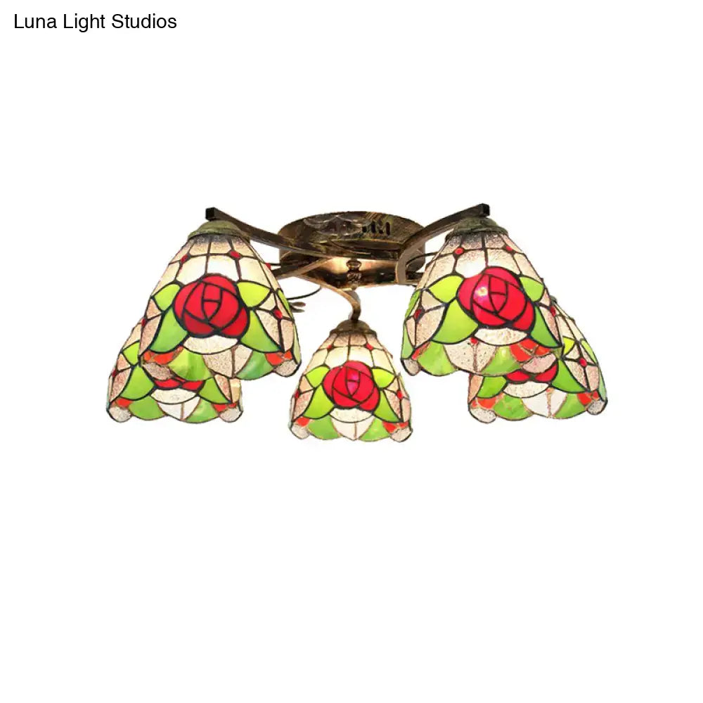 DecorBites™ Tiffany Stained Glass Ceiling Light with 5 Scalloped Heads in Antique Bronze - Perfect for Bedroom