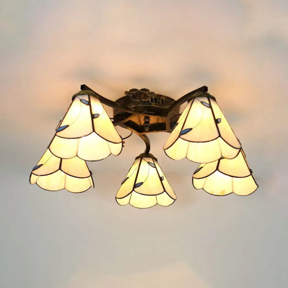 DecorBites™ Tiffany Stained Glass Ceiling Light with 5 Scalloped Heads in Antique Bronze - Perfect for Bedroom