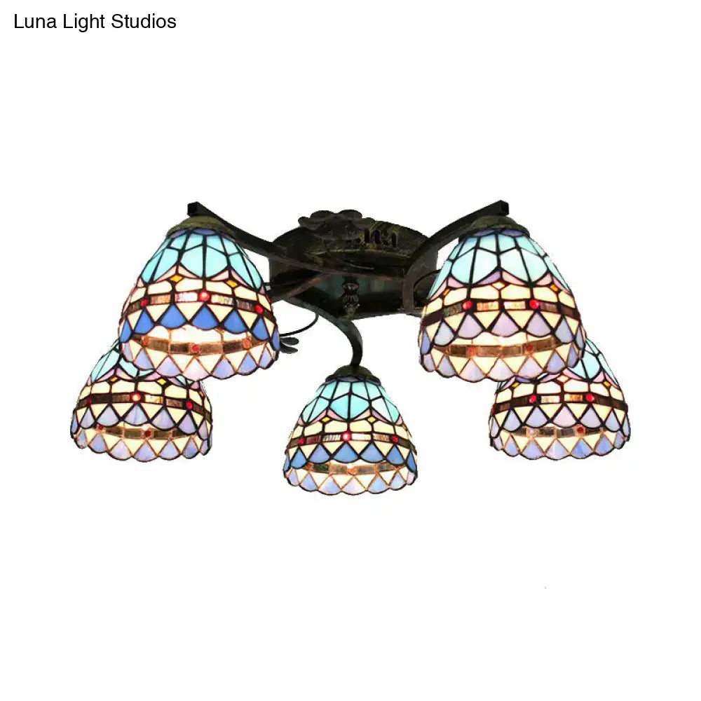DecorBites™ Tiffany Stained Glass Ceiling Light with 5 Scalloped Heads in Antique Bronze - Perfect for Bedroom