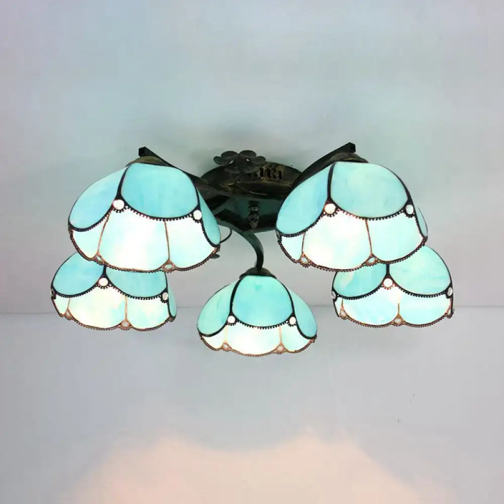 DecorBites™ Tiffany Stained Glass Ceiling Light with 5 Scalloped Heads in Antique Bronze - Perfect for Bedroom