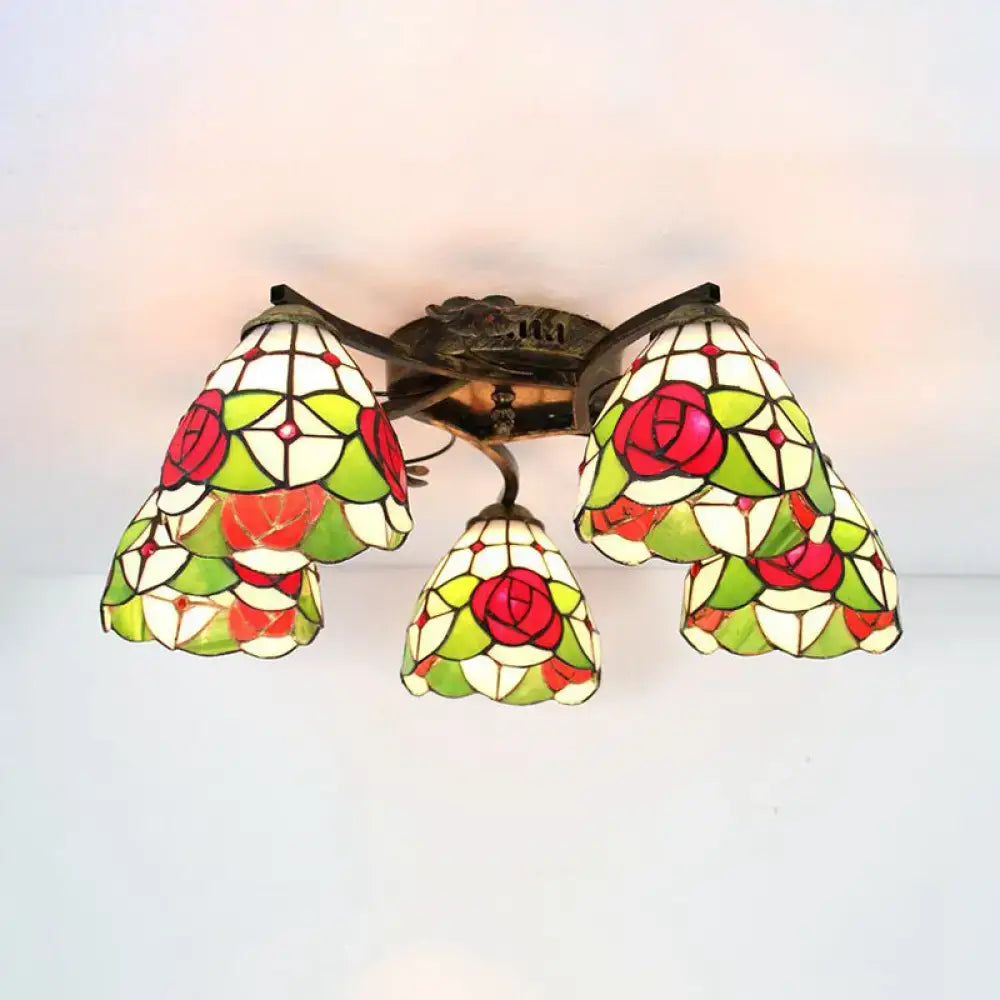 DecorBites™ Tiffany Stained Glass Ceiling Light with 5 Scalloped Heads in Antique Bronze - Perfect for Bedroom