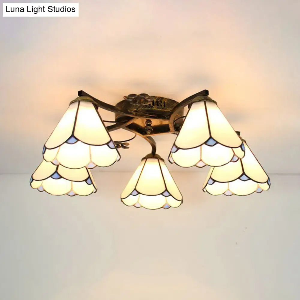 DecorBites™ tiffany stained glass ceiling light with five cream and pale blue shades in antique bronze frame for bedroom