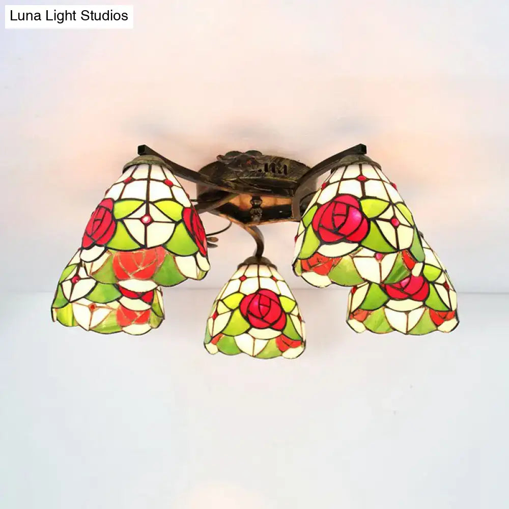 DecorBites™ Tiffany Stained Glass Ceiling Light with 5 Scalloped Heads in Antique Bronze - Perfect for Bedroom