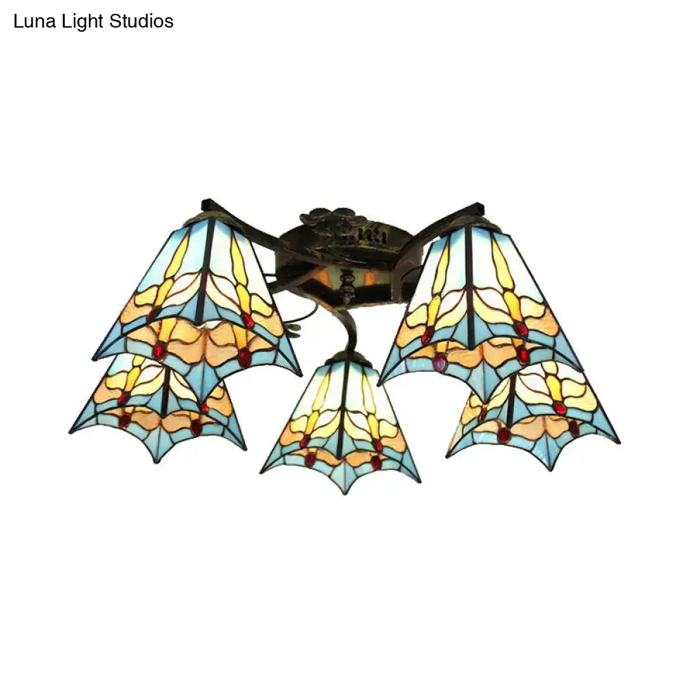 DecorBites™ Tiffany Stained Glass Ceiling Light with 5 Scalloped Heads in Antique Bronze - Perfect for Bedroom