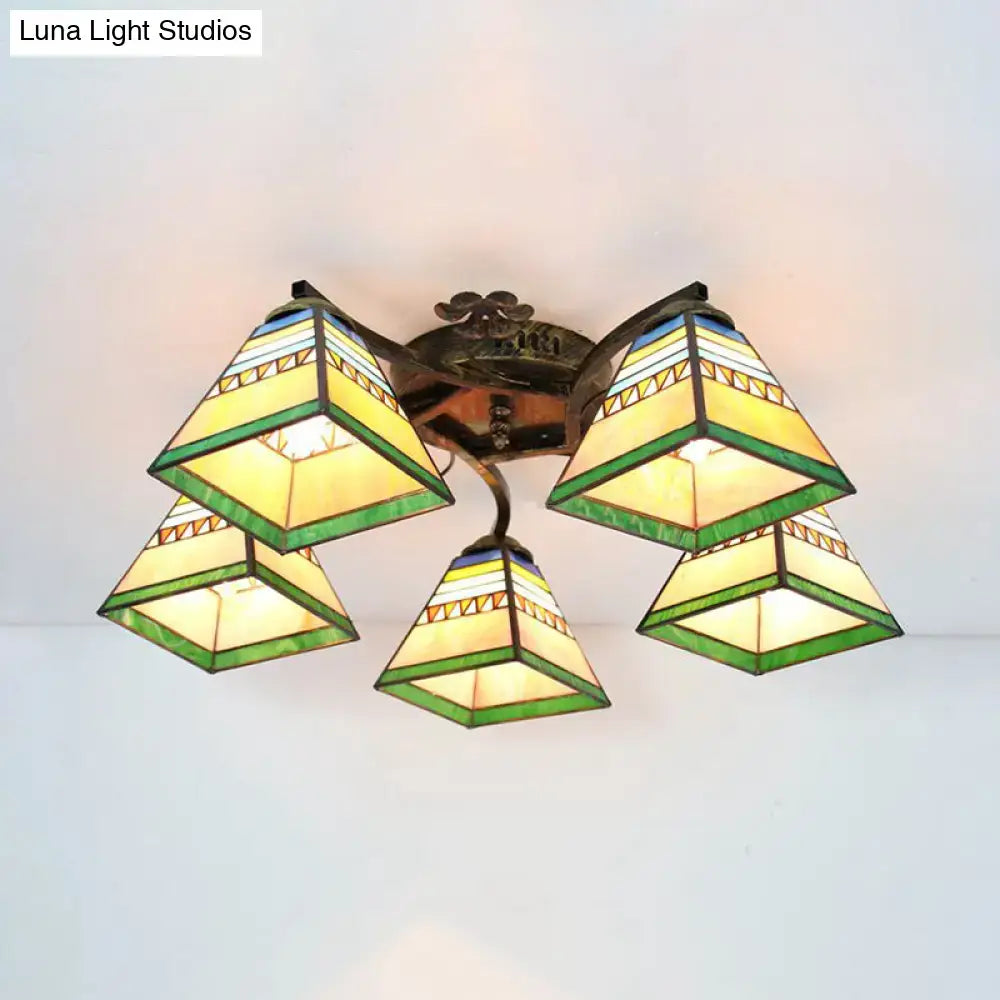 DecorBites™ Tiffany Stained Glass Ceiling Light with 5 Scalloped Heads in Antique Bronze - Perfect for Bedroom