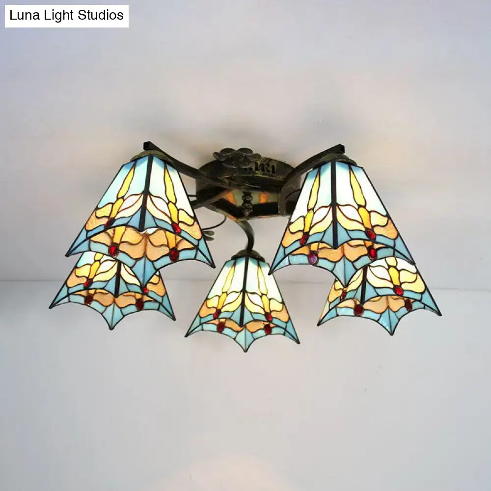 DecorBites™ Tiffany Stained Glass Ceiling Light with 5 Scalloped Heads in Antique Bronze - Perfect for Bedroom