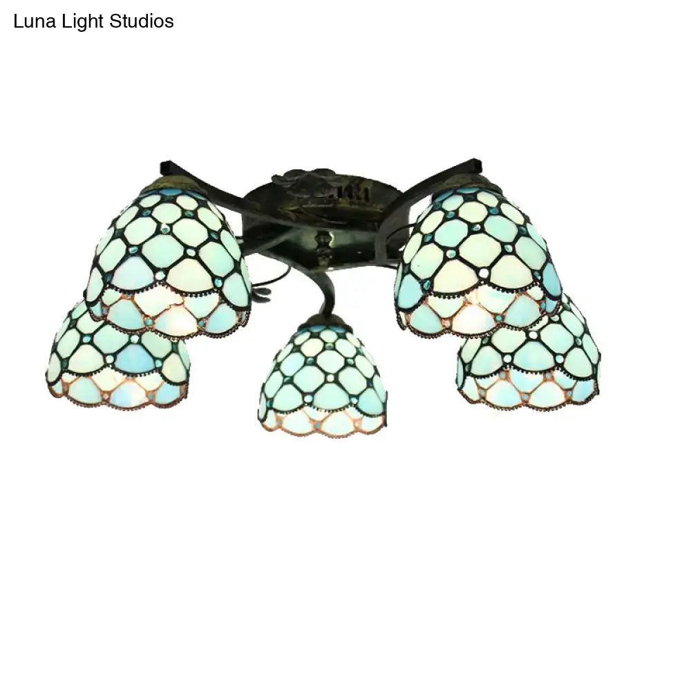 DecorBites™ Tiffany Stained Glass Ceiling Light with 5 Scalloped Heads in Antique Bronze - Perfect for Bedroom