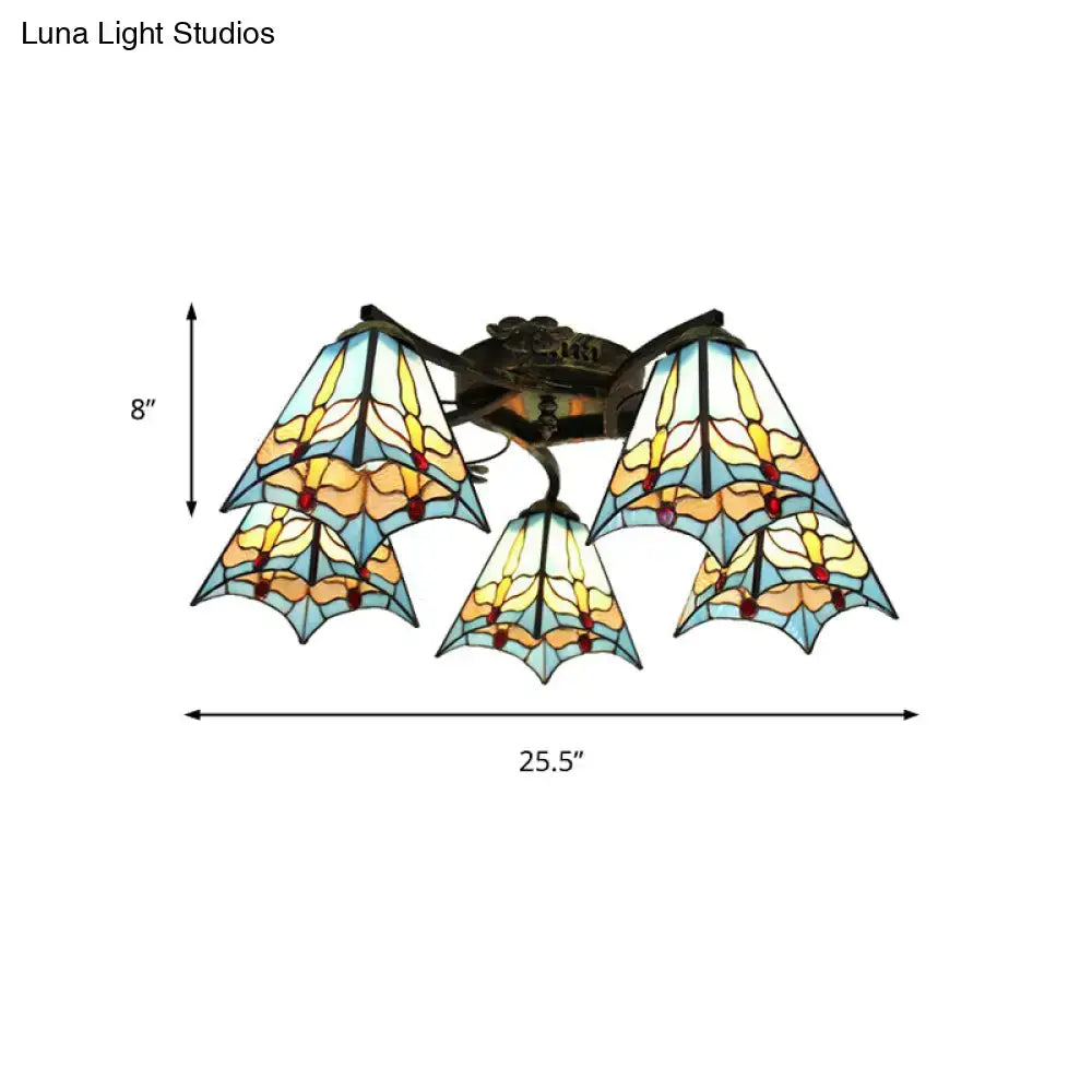 DecorBites™ Tiffany Stained Glass Ceiling Light with 5 Scalloped Heads in Antique Bronze - Perfect for Bedroom