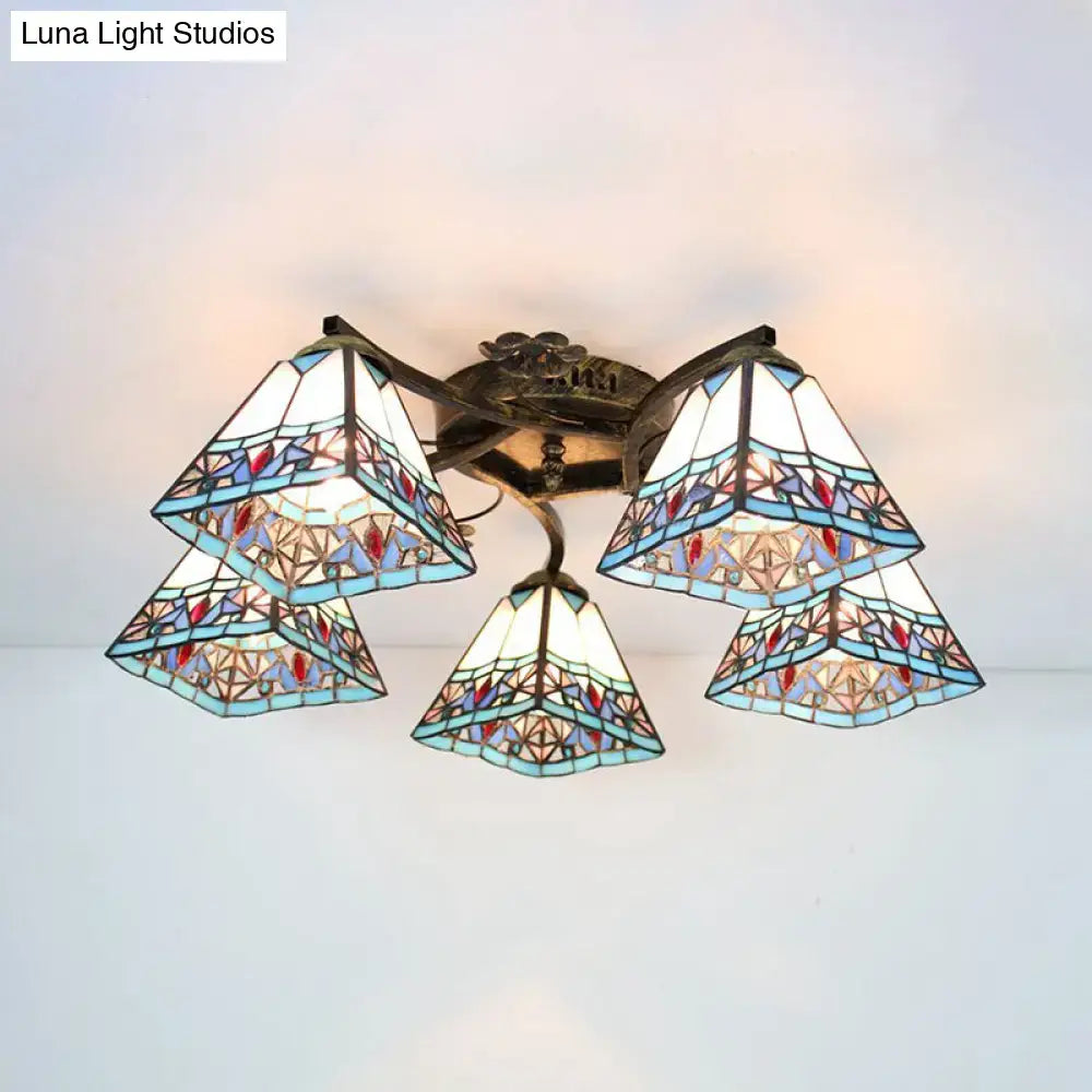 DecorBites™ Tiffany Stained Glass Ceiling Light with 5 Scalloped Heads in Antique Bronze - Perfect for Bedroom