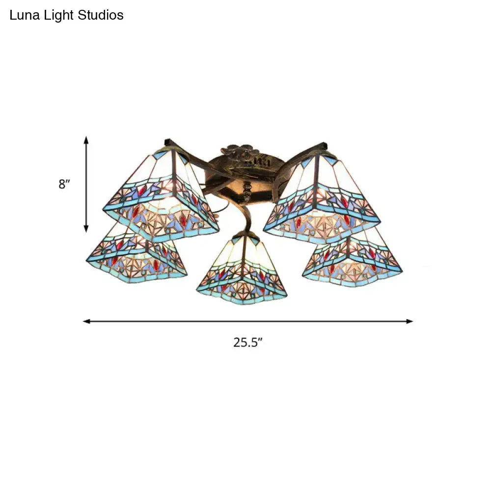 DecorBites™ Tiffany Stained Glass Ceiling Light with 5 Scalloped Heads in Antique Bronze - Perfect for Bedroom