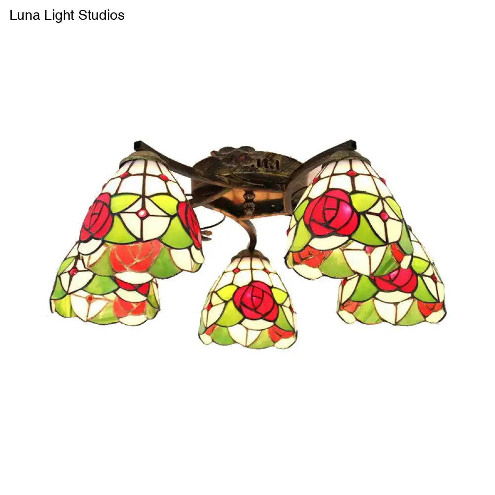 DecorBites™ Tiffany Stained Glass Ceiling Light with 5 Scalloped Heads in Antique Bronze - Perfect for Bedroom