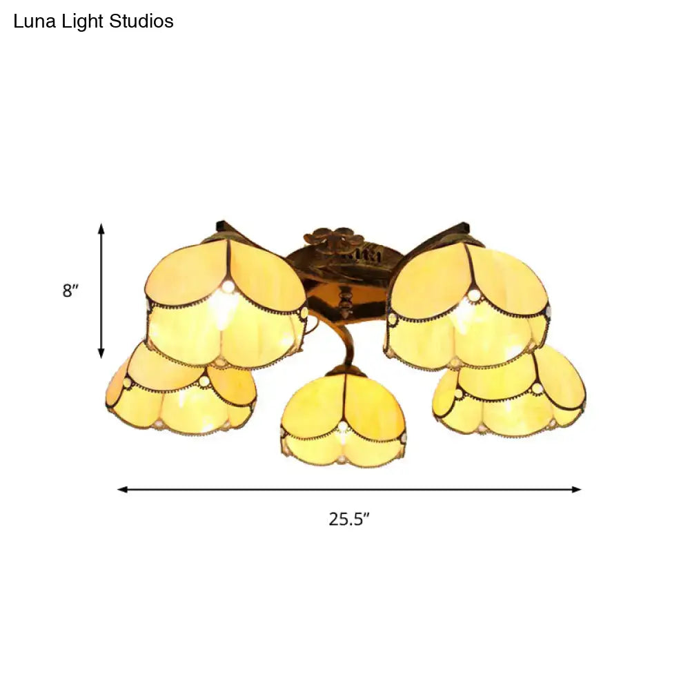 DecorBites™ Tiffany Stained Glass Ceiling Light with 5 Scalloped Heads in Antique Bronze - Perfect for Bedroom