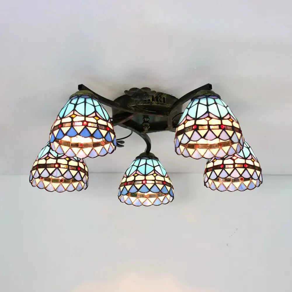 DecorBites™ Tiffany Stained Glass Ceiling Light with 5 Scalloped Heads in Antique Bronze - Perfect for Bedroom