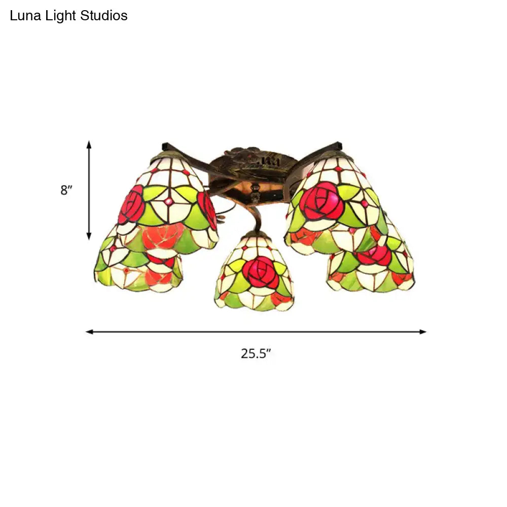 DecorBites™ Tiffany Stained Glass Ceiling Light with 5 Scalloped Heads in Antique Bronze - Perfect for Bedroom