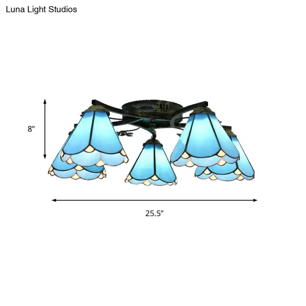 DecorBites™ Tiffany Stained Glass Ceiling Light with 5 Scalloped Heads in Antique Bronze - Perfect for Bedroom