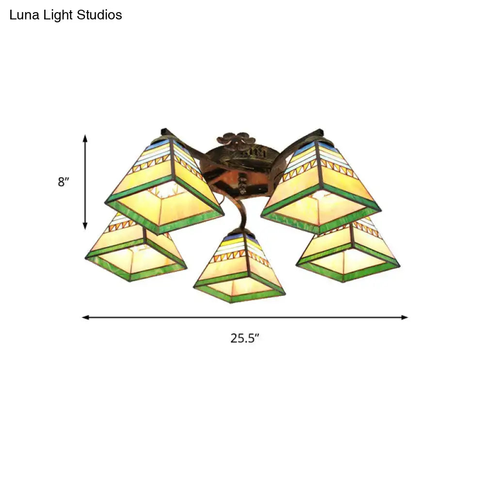 DecorBites™ Tiffany Stained Glass Ceiling Light with 5 Scalloped Heads in Antique Bronze - Perfect for Bedroom
