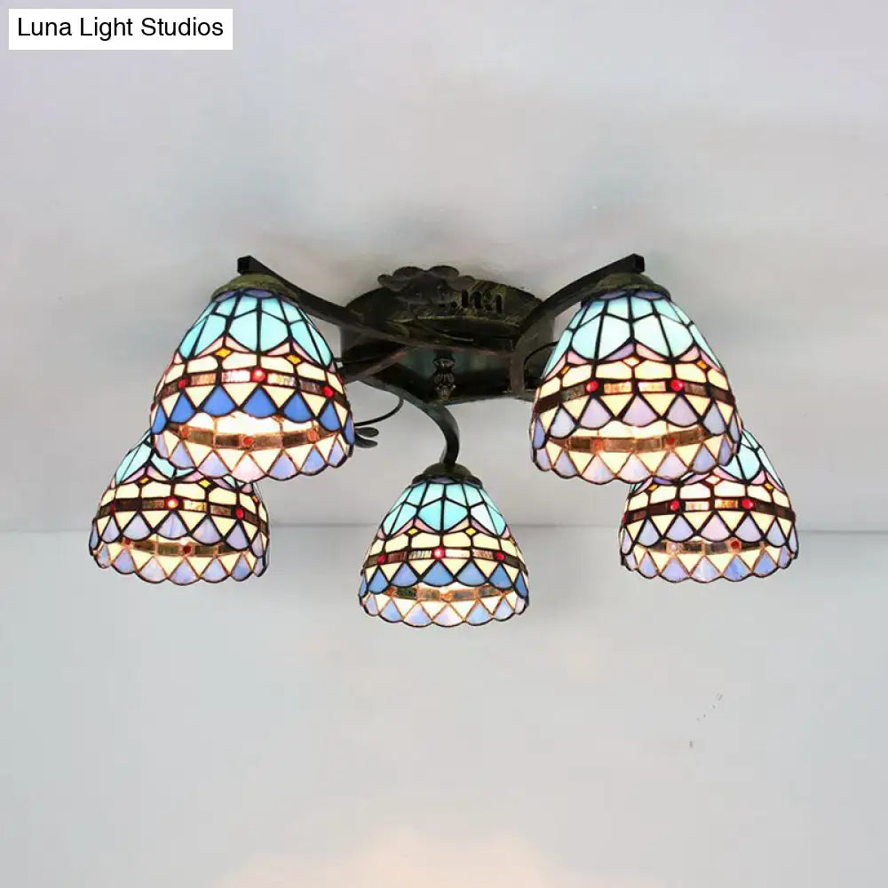 DecorBites™ Tiffany Stained Glass Ceiling Light with 5 Scalloped Heads in Antique Bronze - Perfect for Bedroom