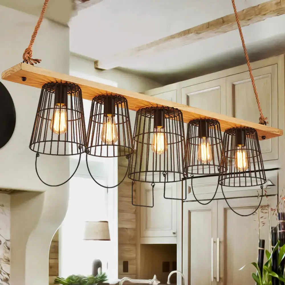 DecorBites™ Traditional Barrel Metal Island Pendant Light with 5 Lights and Wood Accents for Dining Room