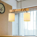 Rustic wooden pendant light with two beige fabric shades and dark metal hooks ideal for dining room fixture width e26 e27