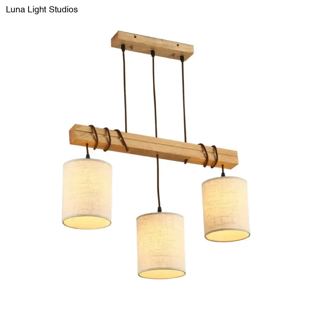 Natural wood beam pendant light with three cylindrical linen shades for dining room fixture width e26 e27 bulbs