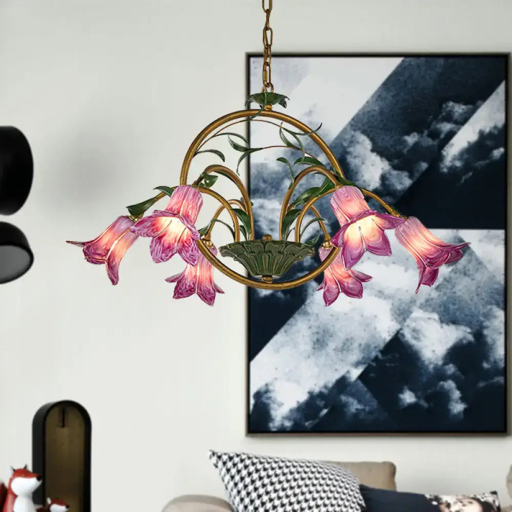 DecorBites™ Traditional Floral Ceiling Chandelier - White/Yellow/Purple Glass - 6 Hanging Light Heads